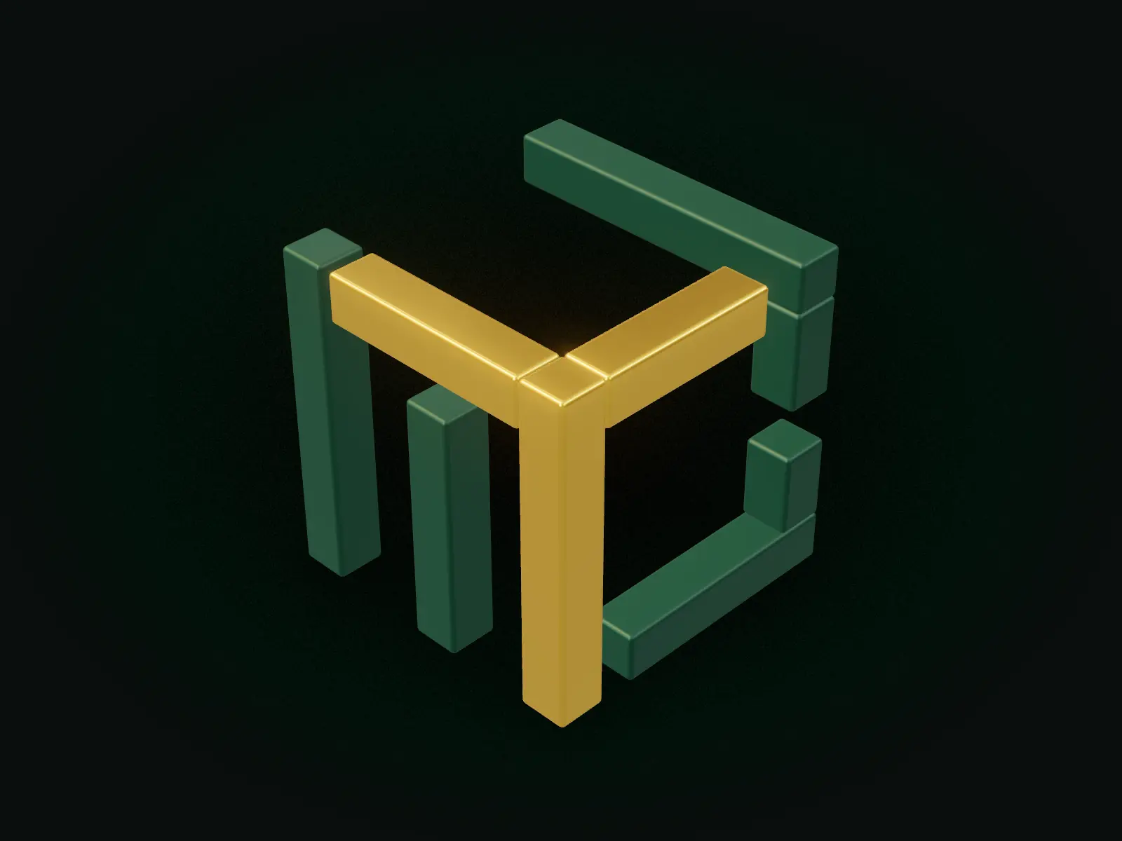 IYC — an isometric cube of green structural bars enclosing a gold Y.